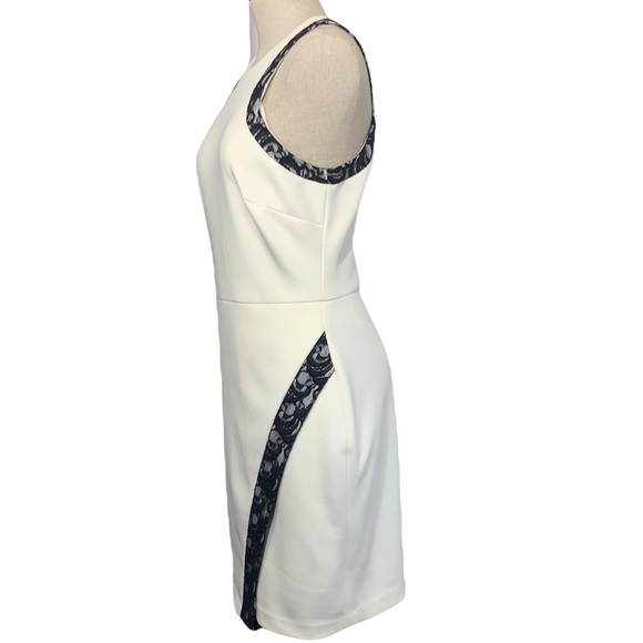 Guess Sheath Dress, Lace Edged, Faux Wrap, Body Con - White/Black, Size 10 - Picture 3 of 9